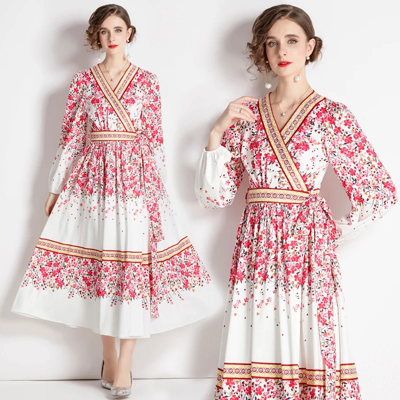 

New Women's High-end Temperament V-neck National Style Long Sleeve Printed Waist Lace Up Long Vacation Swing Fashion Dress