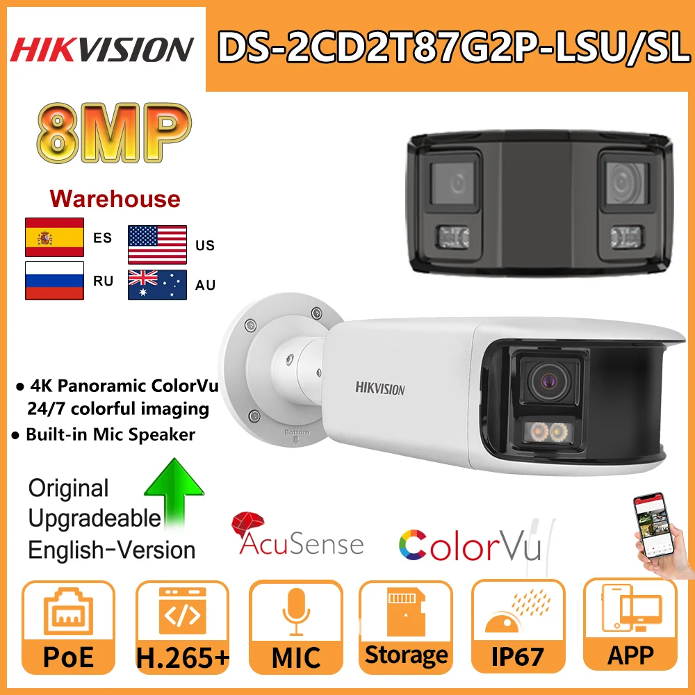 

Hikvision 8MP Panoramic ColorVu Bullet IP Camera DS-2CD2T87G2P-LSU/SL 4K Security Double Lens Color Night Built-in Mic Speaker