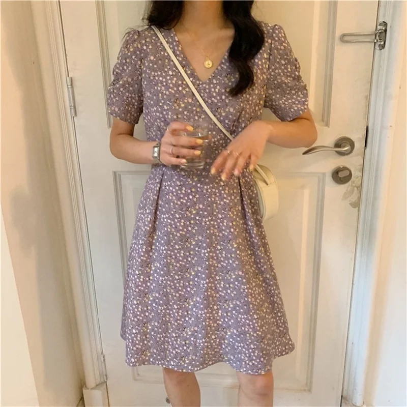 

V-Neck Floral Fairy Dress Summer Women Sweet All-Match Short Sleeve Cottagecore Dress 2021 Elegant French Vintage New Streetwear