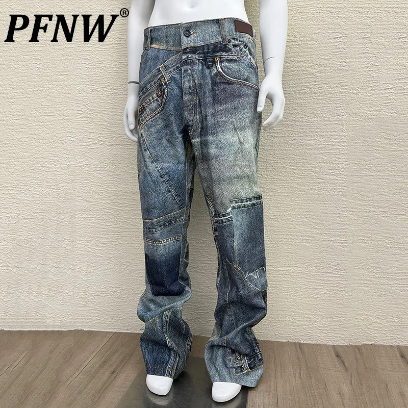 

PFNW Autumn New Men's Vintage Spliced Flare Jeans Irregular Niche High Street Y2k Hiphop Kkop Straight Trend Slim Jeans 28A3589