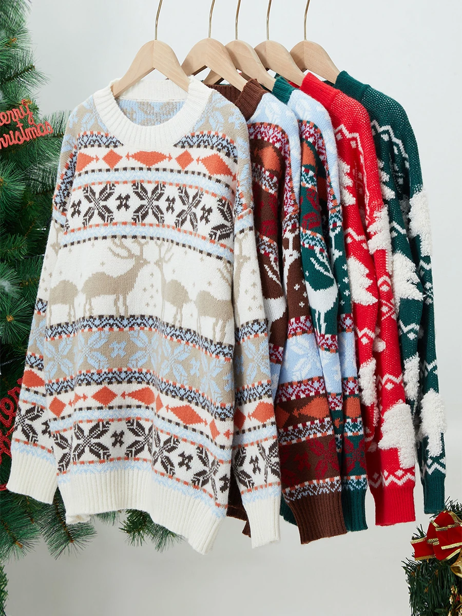 

Женский Рождественский свитер, вязаный пуловер в стиле пэчворк с круглым вырезом и длинным рукавом, трикотажная одежда с ребристым подолом ...