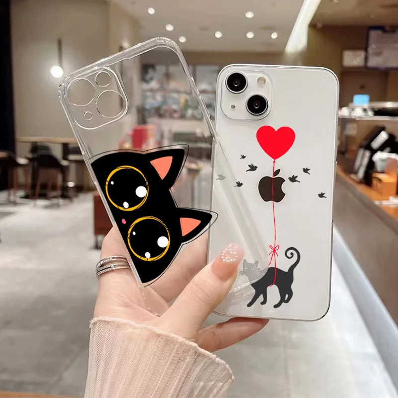 

Cartoon Black Cat Transparent Case For iPhone 14 13 12 11 Pro Max X Xs XR Max 7 8 Plus SE Mini Luxury Shockproof Case Soft Cover