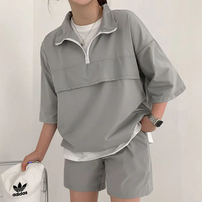Summer Women's 2 Pieces Set Turtleneck Long Sleeve Top And Shorts Suit Female Summer Casual Tracksuit