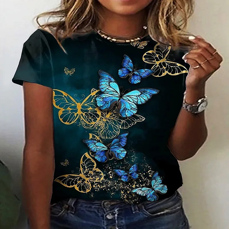 

Ponadgabarytowe koszulki codzienne Casual topy damskie 3D wzór motyl wycięcie pod szyją damskie letnie nowe krótkie rękawy