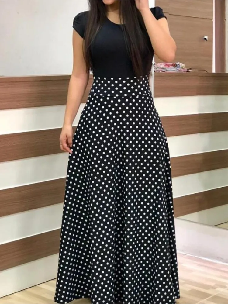 

Платье-Макси женское в горошек, с коротким рукавом и круглым вырезом