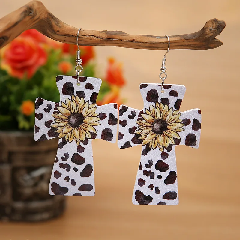2022 New Retro Cross Cow Pattern Leather Earrings Female Sunflower Pu Earrings for Women Girl New Year Gift Jewelry Wholesale