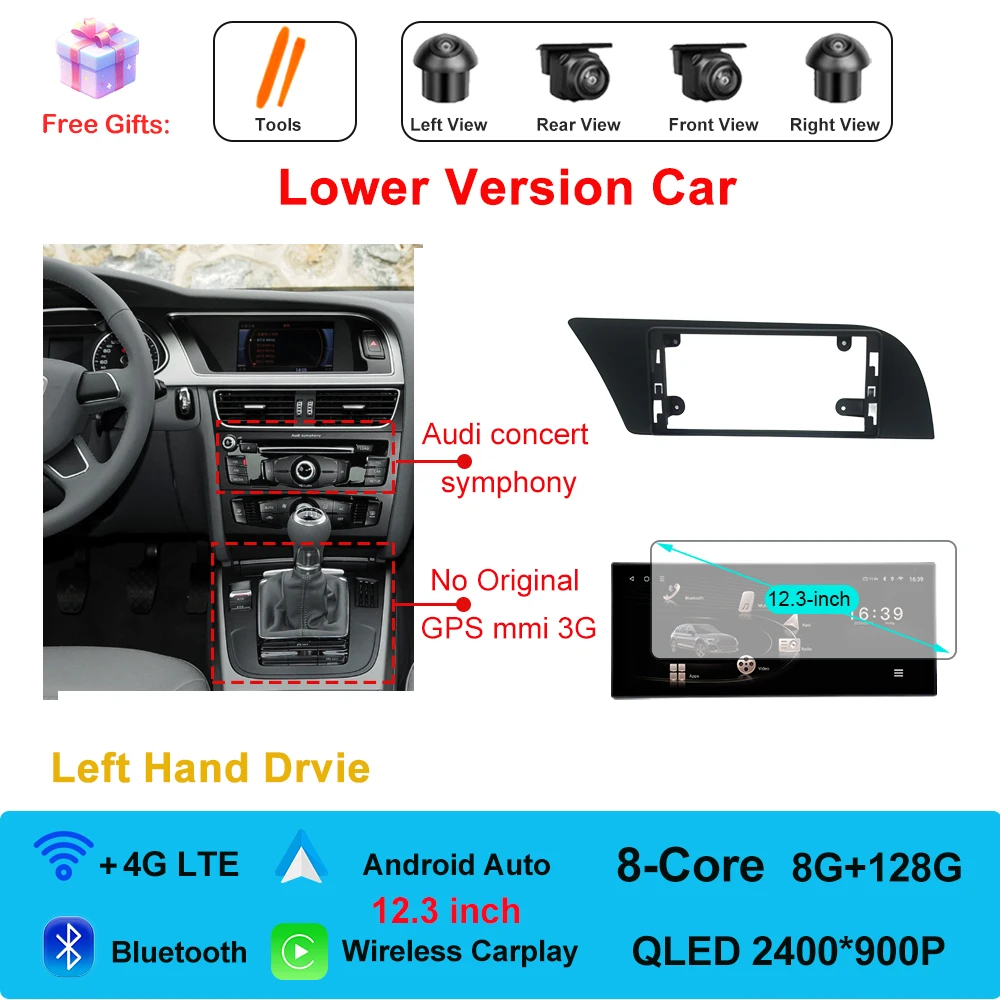 

Беспроводной мультимедийный дисплей CarPlay для Audi A4 A5 2009-2016, сенсорный экран, Android, автонавигация, GPS, Bluetooth, 4G, WIFI, DSP DVR