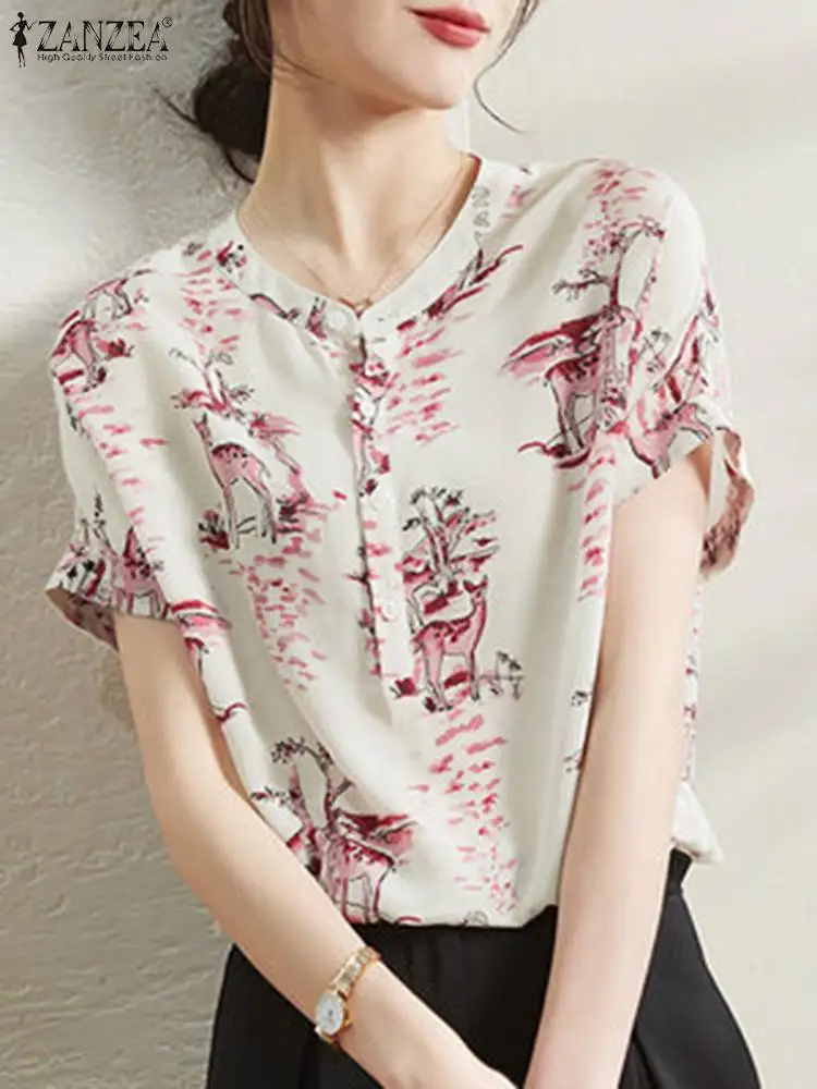 

Элегантная женская блузка 2022 ZANZEA винтажная богемная Повседневная рубашка с коротким рукавом пуговицы пуловеры женские топы оверсайз