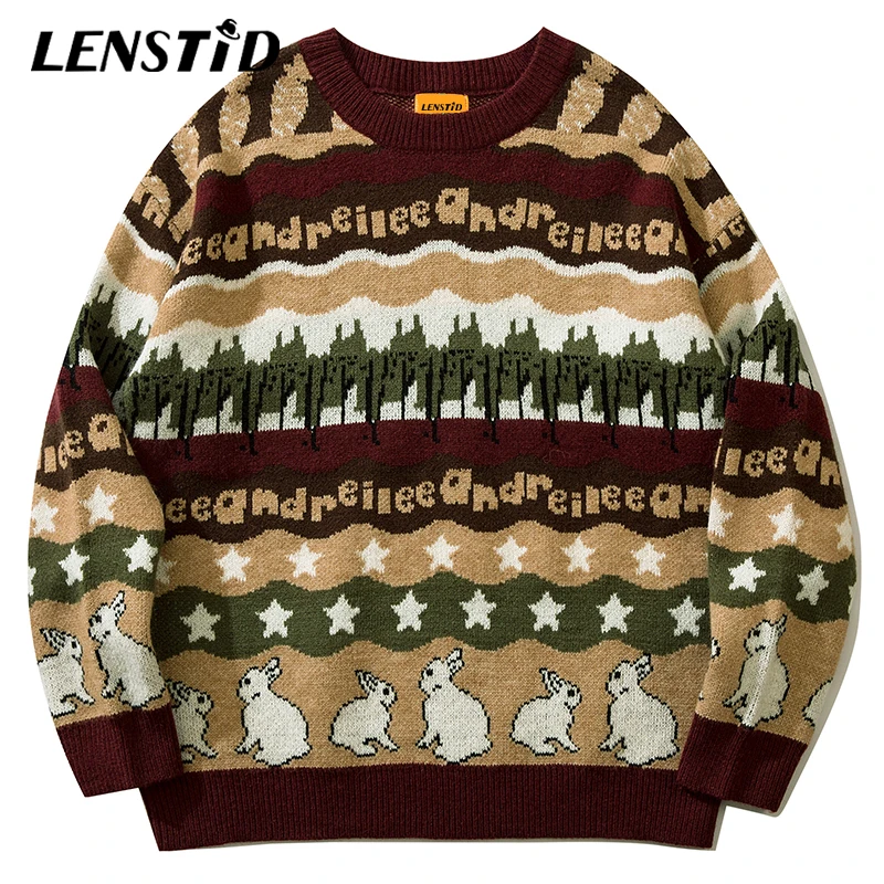 

LENSTID Autumn Men Knitted Jumper Sweaters Hip Hop Striped Rabbit 2022 Streetwear Harajuku Loose Fashion Casual Male Pullovers