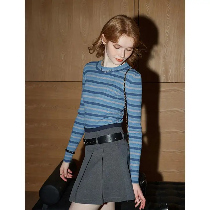 American Sweater Contrast Color Stripe Knit Women 2024 Spring and Autumn New Slim fit Slimming Western Sle All-Match Soft G...