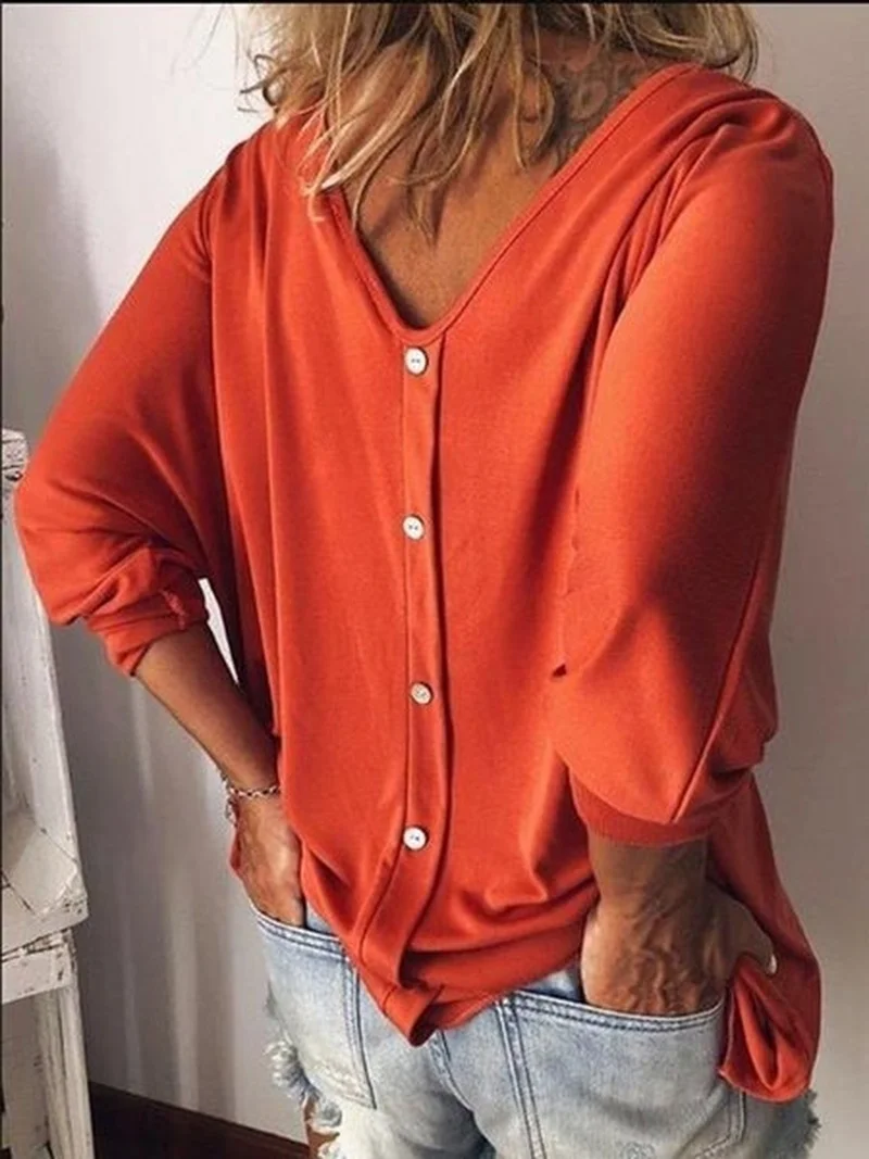 Spring and Autumn Women V Neck Three Quarter Sleeve Loose Casual Pure Color Summer T Shirts Pullover Loose Comfort Shirt