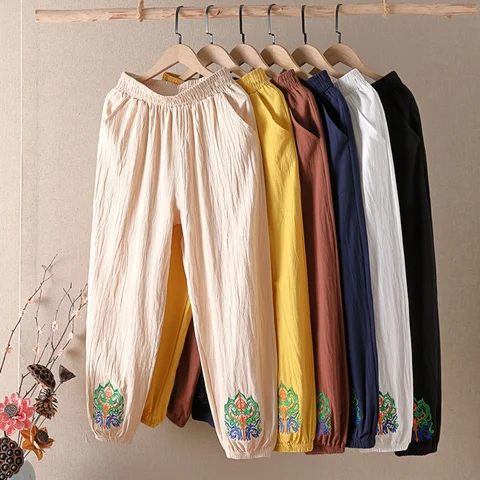 Women Clothing Fashion Clothes Pants Streetwear Embroidery Ethnic Style Vintage Elegant Casual Cotton Linen Loose Comfortable