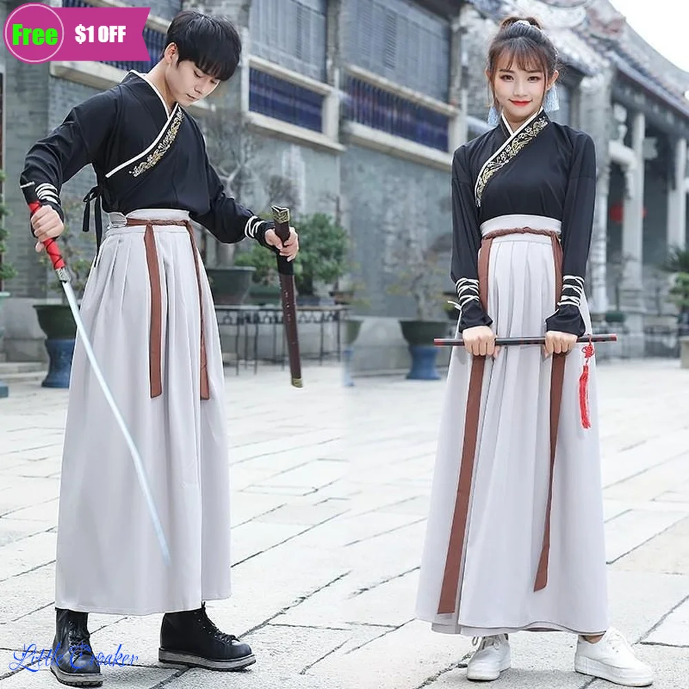 

chinese cosplay hanfu Embroidered Cross-neck Top + Skirt Chinese Elements Ancient Costume Chinese Mens Traditional Couple Suit