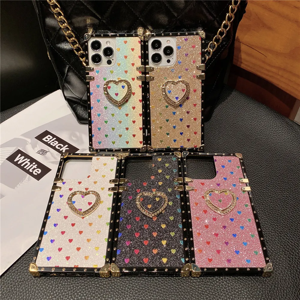 Футляр квадратной формы с держателем кольца Fashion Glitter Love Heart Diamond для VIVO X50 X70 X80 X90 X30 X20 V15 V17 S16Pro X6 X7 X5 X15E X9E X21.