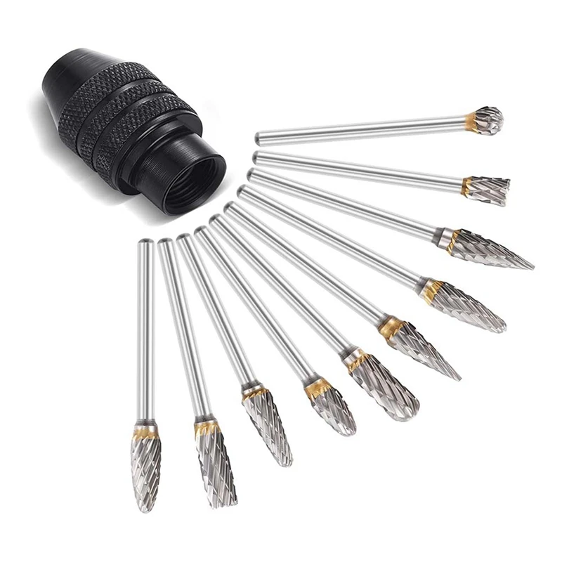 

10 Pcs Double Cut Carbide Rotary Burr Set Replacement Drill Keyless Bit For Woodworking, Drilling,Wood Carving,Engraving