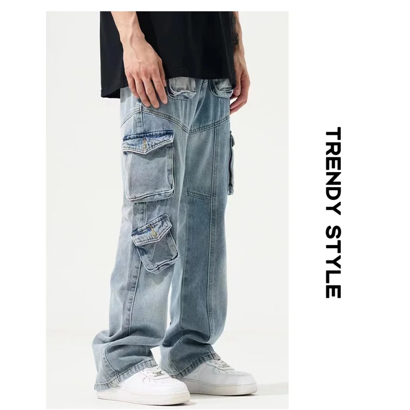 Streetwear Men Casual Multi Pocket Jeans Straight Cylinder Blue Comfortable Versatile New Style Wide Leg Trousers Autumn Female