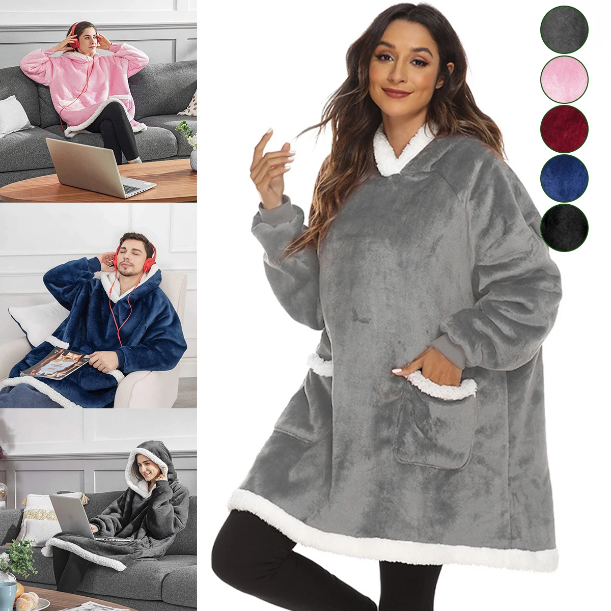 

Oversized Hoodie Blanket with Pockets Sleeves Soft Comfy Flannel Hoodie Sweater Blanket Sherpa Fleece Lined Wearable Hooded