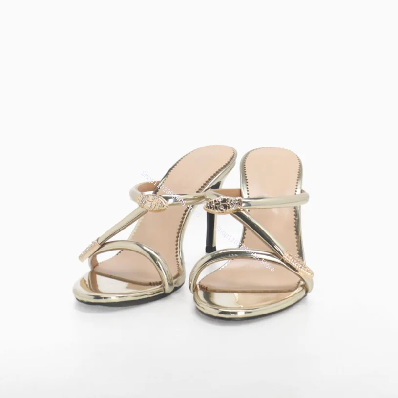 Round Toe Metallic Crystal Slippers Slip on Shallow High Heels Summer Outfit Party Sandals Women Elegant Shoes Zapatillas Mujer