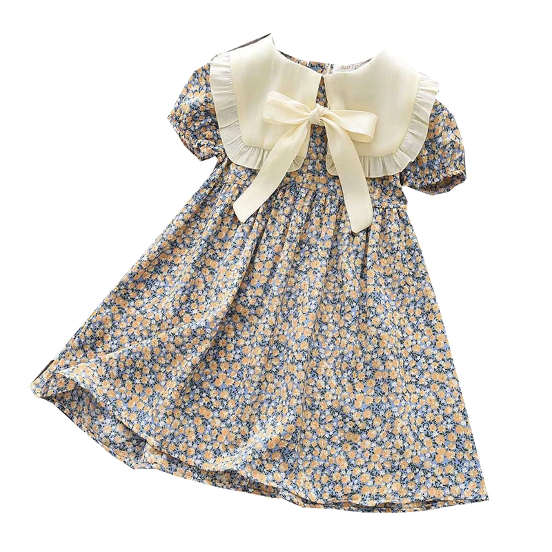 

Летнее платье с большими лацканами и цветочным принтом, детское платье в Корейском стиле для девочек, платье принцессы с рукавом-фонариком и поясом