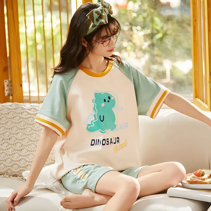 Summer new Women Pyjamas Cartoon Pajamas Sets Sleepwear Casual Nightwear Pijama Mujer Shorts short sleeve M-2XL home clothes set