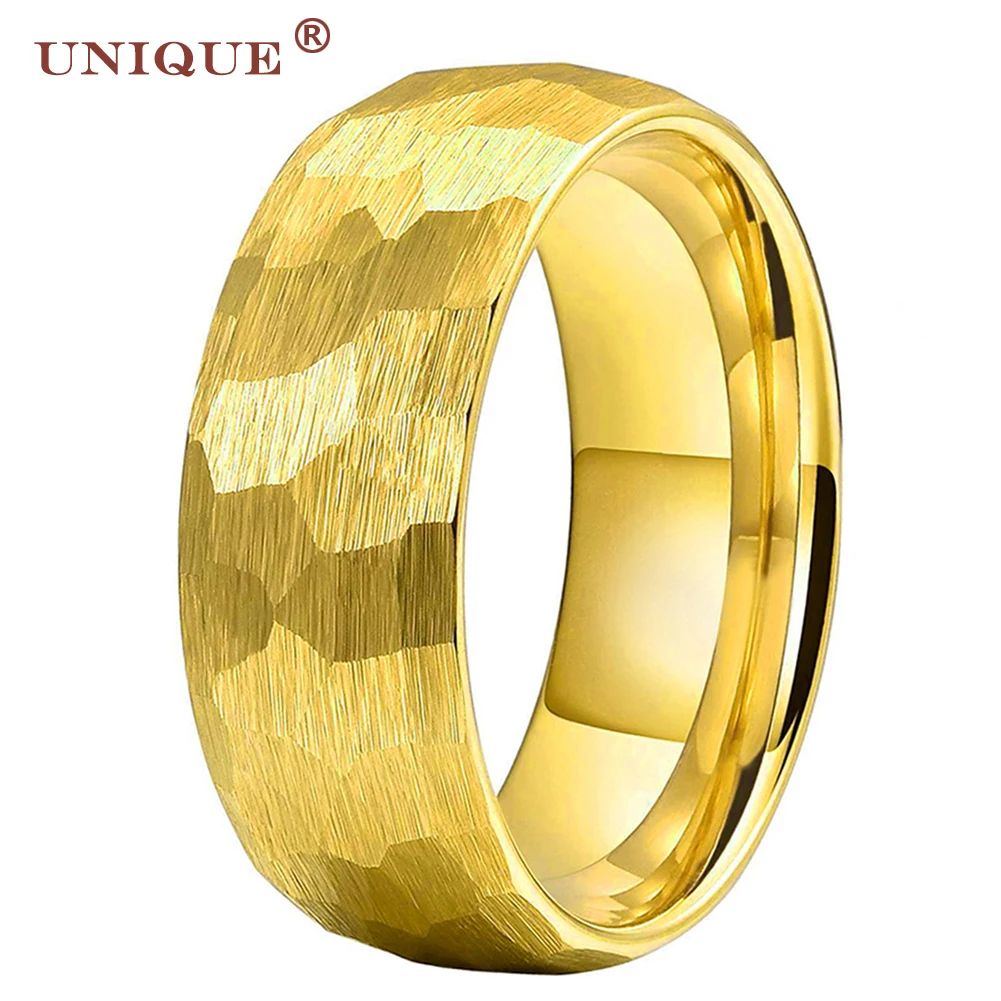 

Unique Jewel Gold 4/6/8mm Tungsten Steel Ring Wedding Band for Women Men Brushed Finish Domed Hammered Free Name Inside Engraved