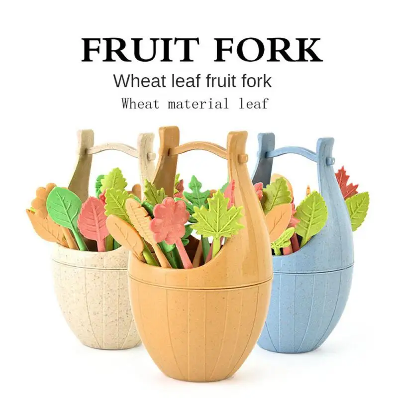 

Fruit Fork Food Selection Children Snacks Cake Dessert Food Fruit Fork Mini Wooden Barrel Fruit Fork Set Leaves Dessert Fork
