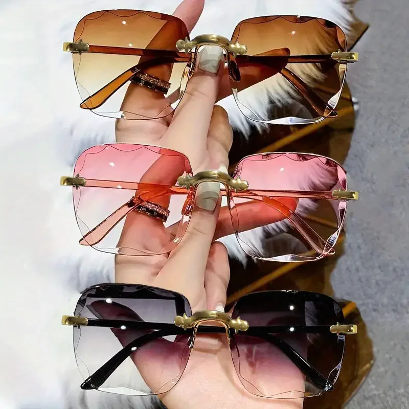 3PCS Square Rimless Sunglasses Women Luxury Brand Designer Summer Red Glasses Fashion Sun glasses For Men UV400 Shades Oculos