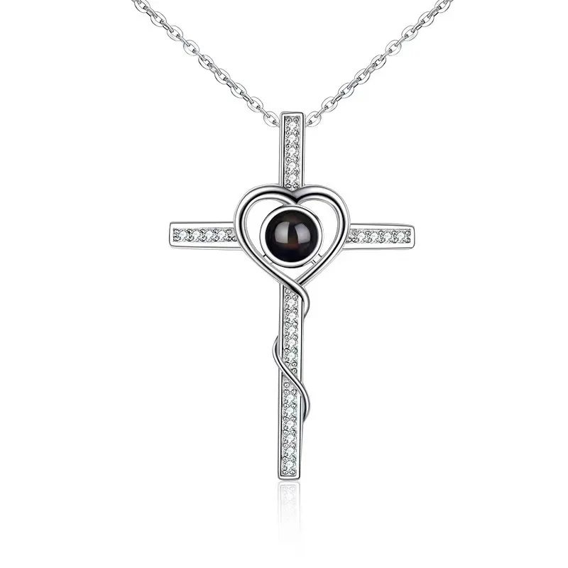 HIBODY Picture Text Custom Zircon Necklace Shining Cross Projection Necklace Jewelry Gift for Relatives and Friends