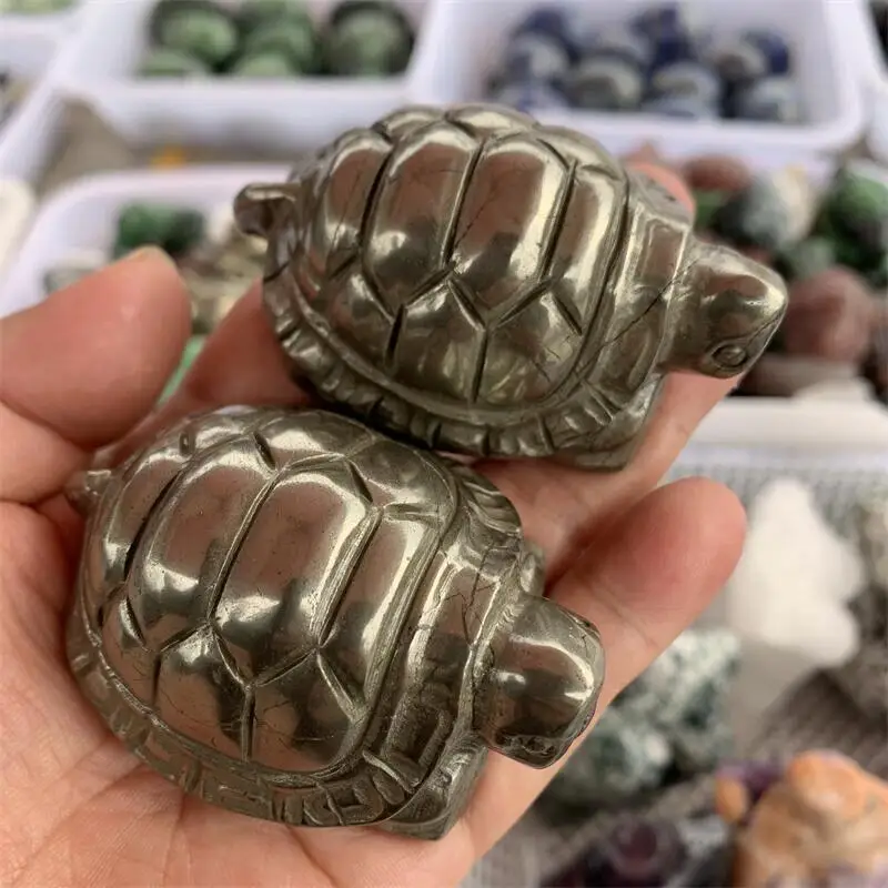 

Natural Stone Pyrite Tortoise Statue Healing Crystal Quartz Hand Carved Figurine Reiki Gem Fengshui Home Decoration 1pcs