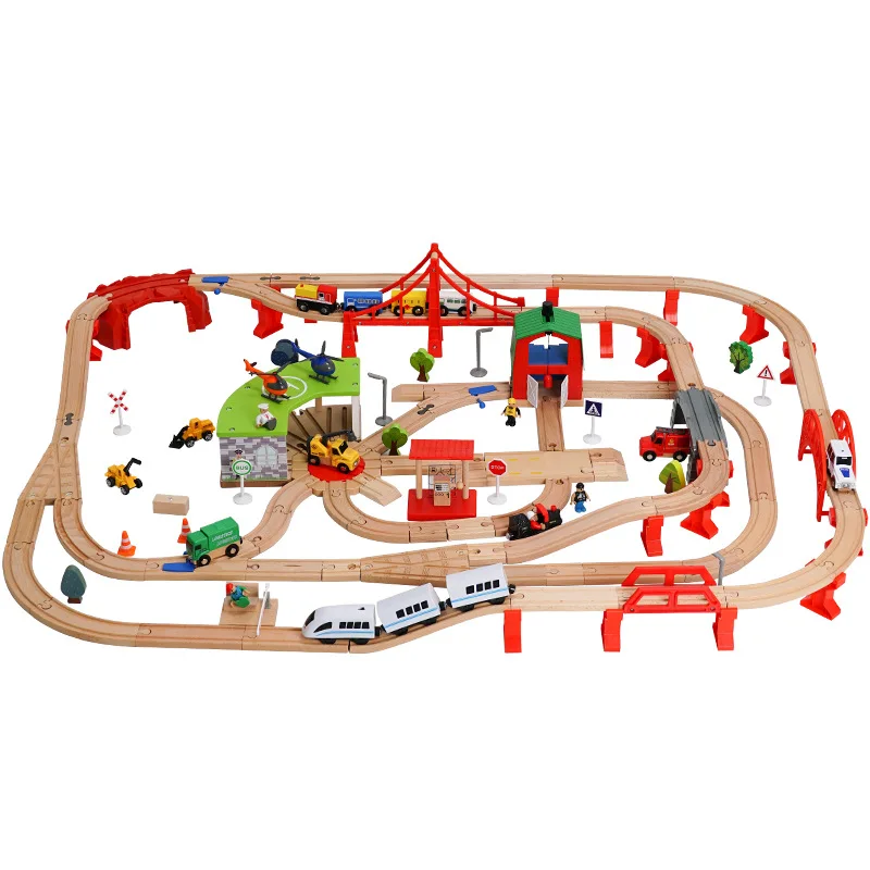 

Wooden Train Track Set Dinosaur Wildlife Scene Wooden Rail Track For Brand Railway Magical Bridge Accessories Wood Toys For Kid