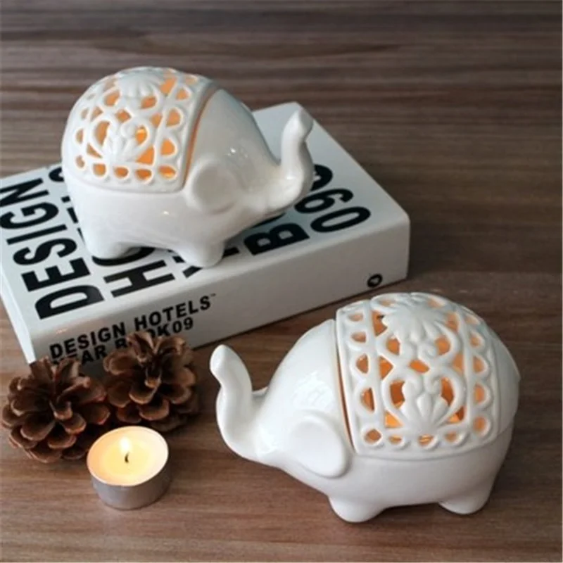 

White Ceramic Hollow Elephant Candle Holder Candlesticks Aroma Diffuser Essential Oil Burner Wedding Centerpieces for Tables