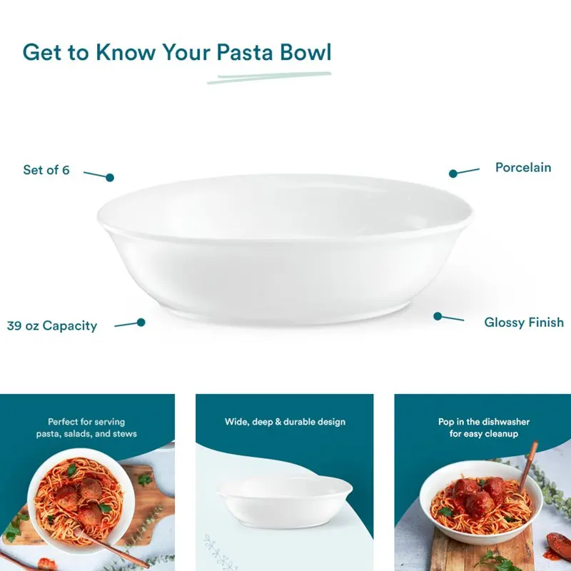 

High-Quality 39 Oz White Pasta Bowls, Set of 6 - Sturdy Durable and Stylish Design, Perfect for Serving and Enjoying Meals.