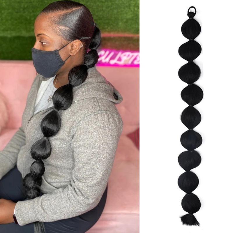 

34inch Super Long Synthetic Kinky Straight Drawstring Bubble Ponytail Wig Black Hairpiece for Women Clip in Hair Extension