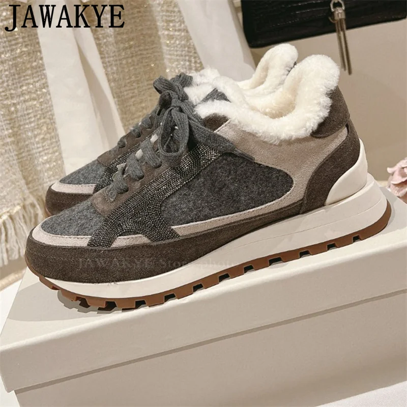 Женские кроссовки с шерстяной подкладкой круглым носком на шнуровке