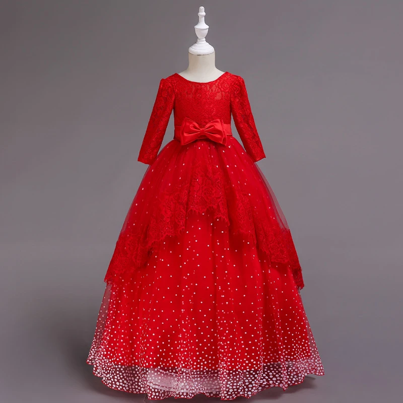 

New children's dress lace long sleeved Princess Dress bow host dress performance dress birthday party dress performance dress