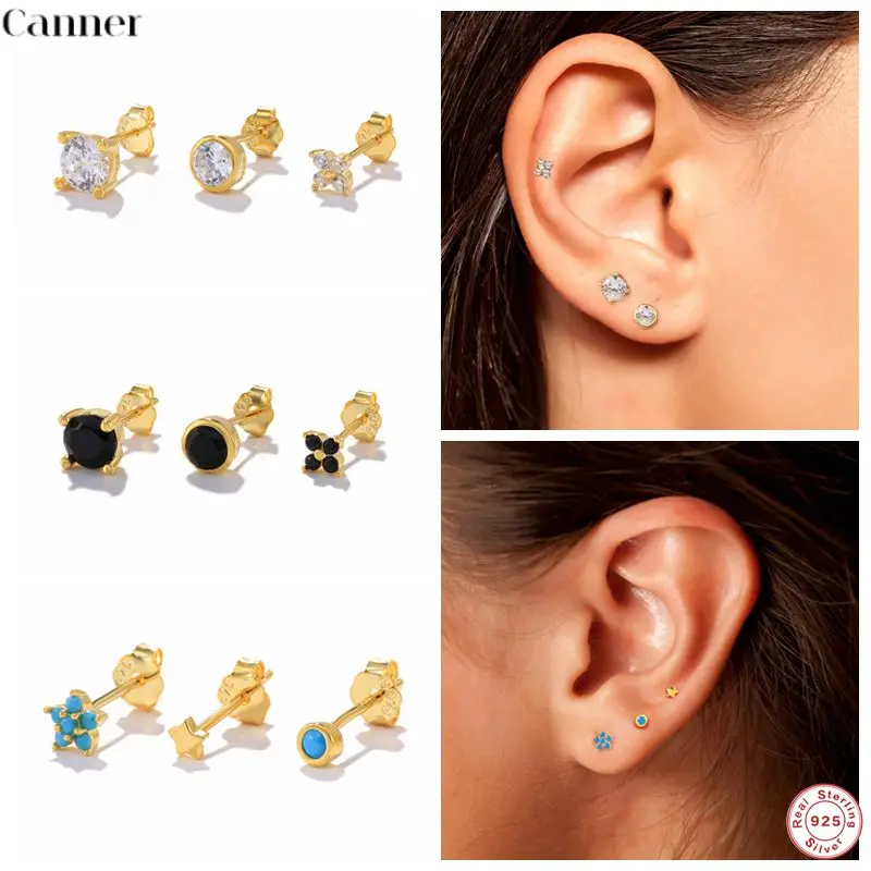 

CANNER 3pcs/set 925 Sterling Silver Crystal Zircon Ear Studs Earrings For Women Star Tragus Cartilage Piercing Fine Jewelry Set