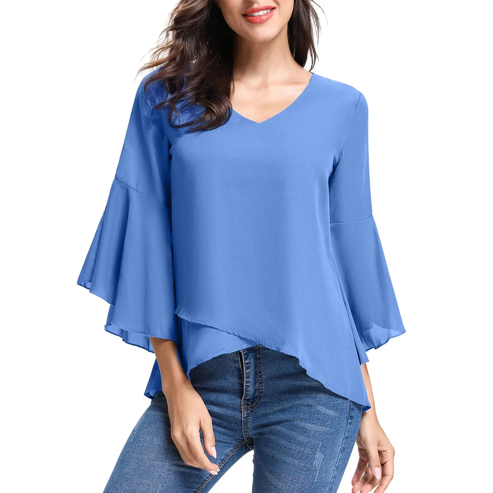 Женская шифоновая блузка с рукавами три четверти и V-образным вырезом |