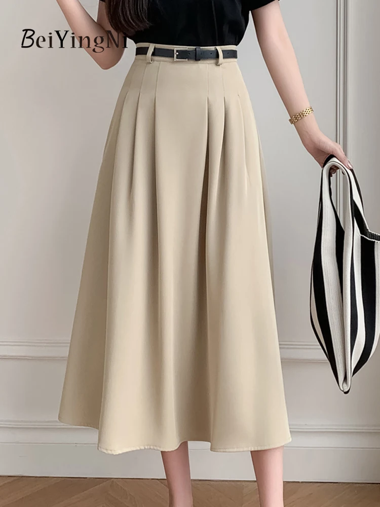 

Beiyingni 2023 Fashion High Waist Skirts for Women Belt Long Mid-Calf A-line Skirt Ladies Solid Color Korean Faldas Female Jupes