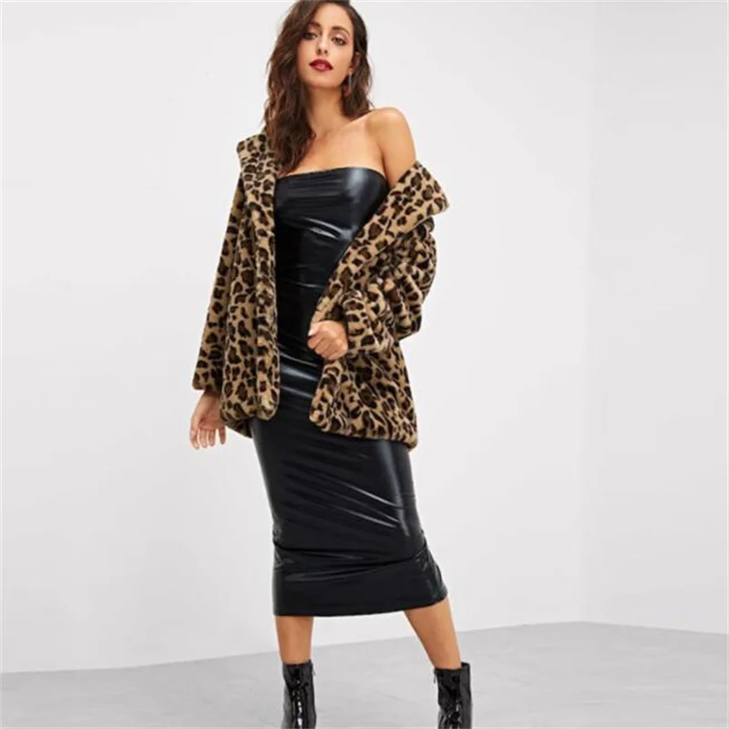 Long sleeve Leopard faux mink leather jacket womens winter thicken warm Medium length fur leather coat women jackets B67