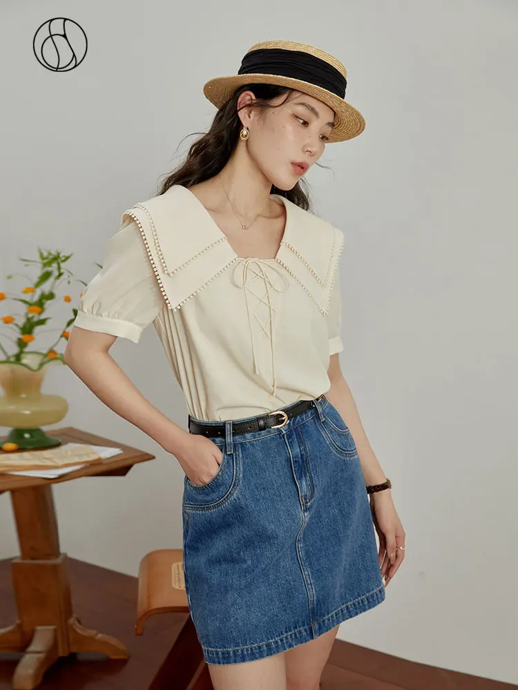 

DUSHU Commuter Design Sense Niche Double Collar Shirt for Women Summer New All-match Loose Style Small Shirt Top Female