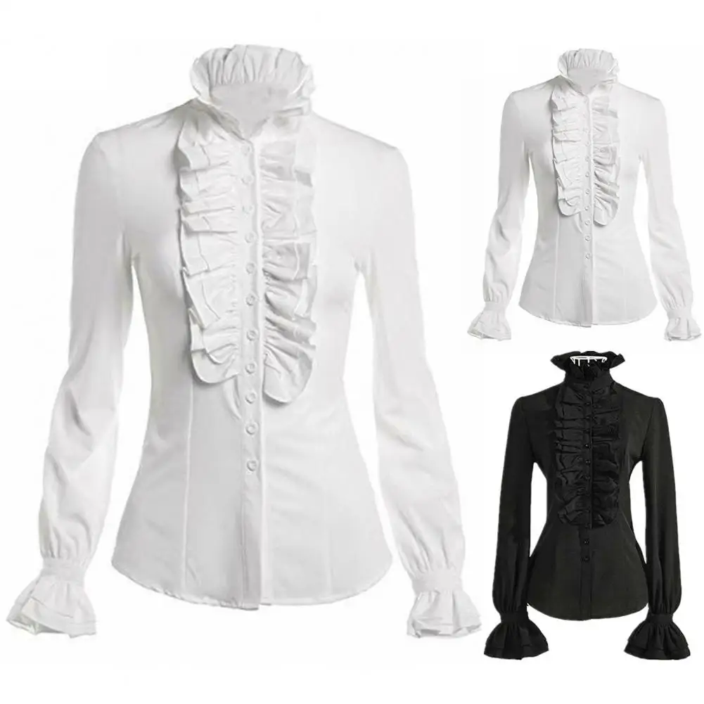 

Ruffled Neckline Women Shirt Fashionable Women's Retro Ruffle Blouses Slim Fit Breathable Comfortable Tops with Long Flared