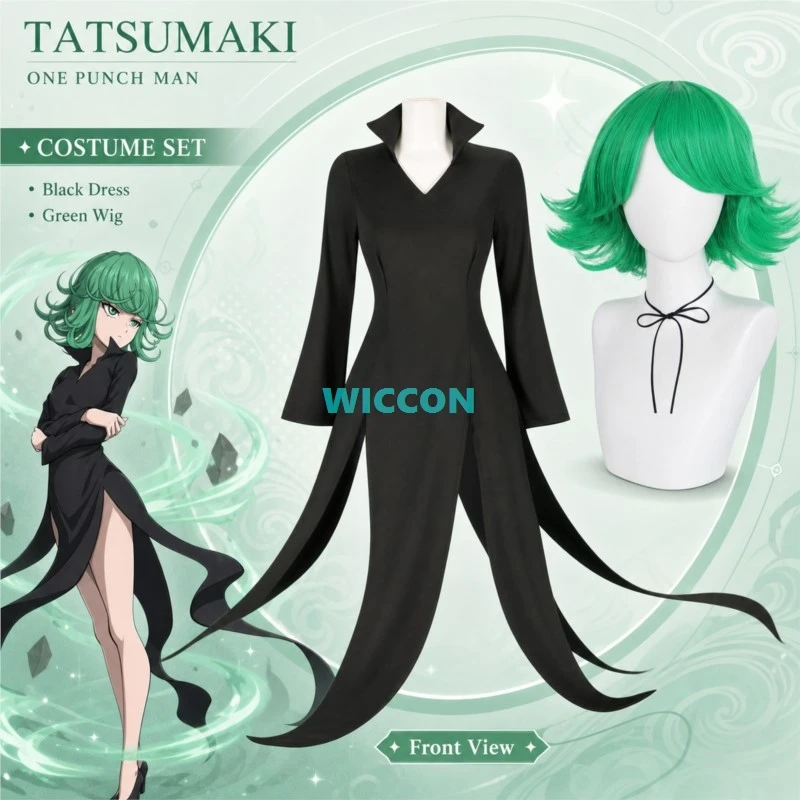 Фото Костюм для косплея по аниме «Торнадо ужаса» (Senritsu No Tatsumaki), парик, черное платье, сексуальный наряд для карнавала, вечеринки, Хэллоуина, комплект для взрослых №1