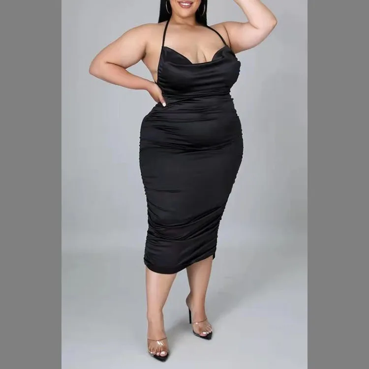 

Plus Size Satin Women Halter Neck Backless Ruched Bodycon Midi Dress 2022 Summer Stacked Sleeveless Pile Pencil Dresses