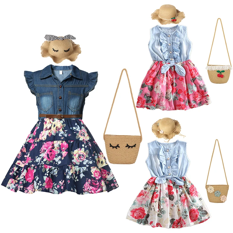 

2022 New Girls Denim Floral Dresses Summer Casual Short-sleeved Jeans Chiffon Dress Beach Party Children Fashion Outfit Clothing
