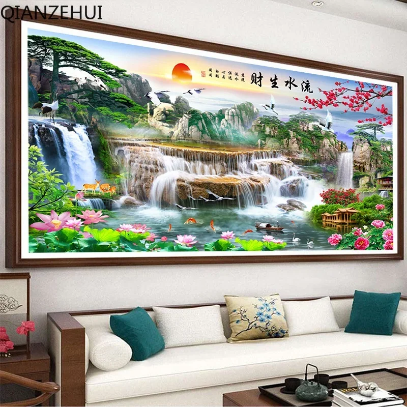 DIY 11CT Печатная проточная вода богатство геомантическая полная вышивка в гостиной