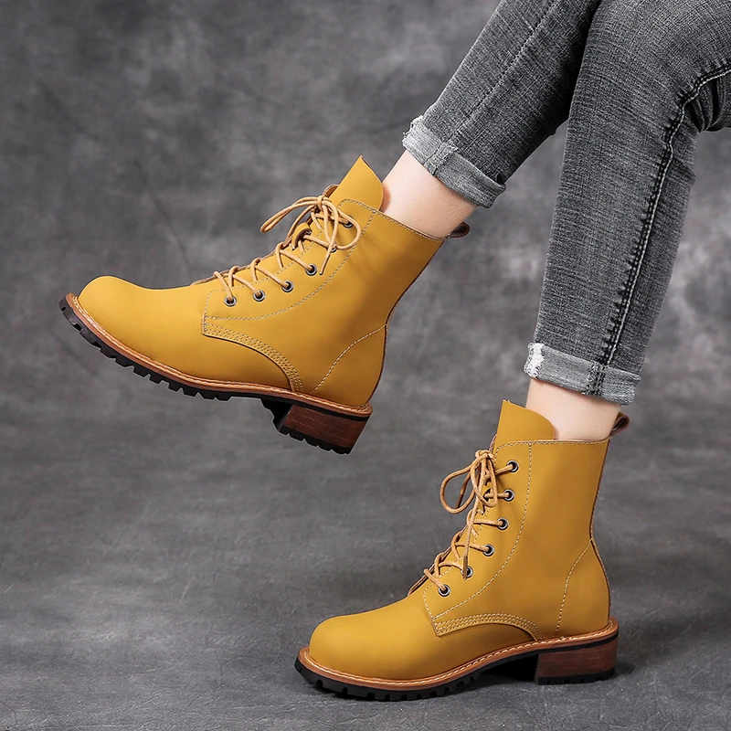 

Женские ботильоны из натуральной кожи, однотонные полусапожки на толстом каблуке, со шнуровкой, круглый носок, модная Уличная обувь, Новое п...