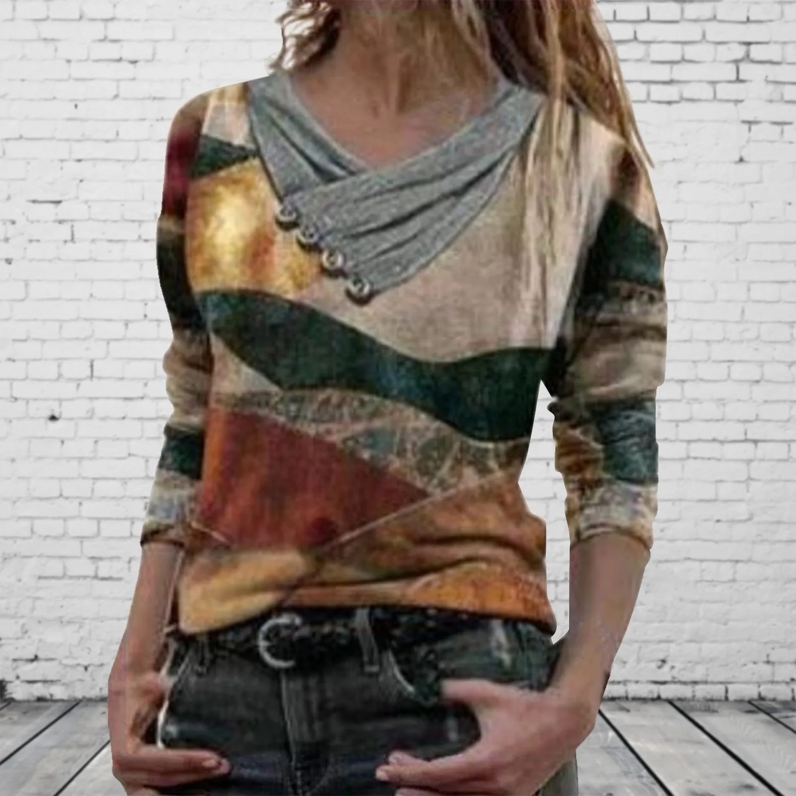 

2022 Vintage Blouse For Women Tie-dye Printed Embroidery Collar Autumn Winter Blouse Long Sleeve Pullover Blouse Tops Рубашка