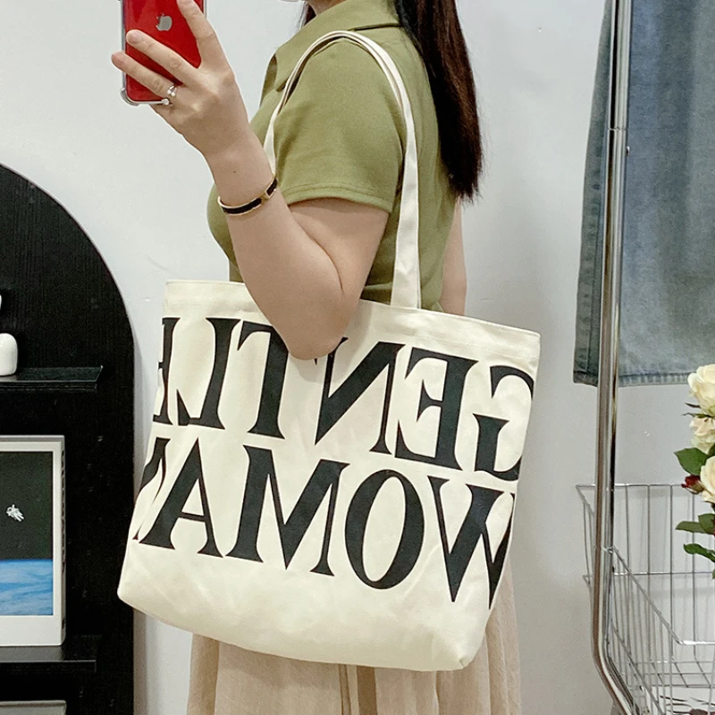 Women Canvas Shoulder Bags GENTLEWOMAN Letter Tote Handbags Female Casual Large Capacity Cotton Cloth School Travel Shopping Bag