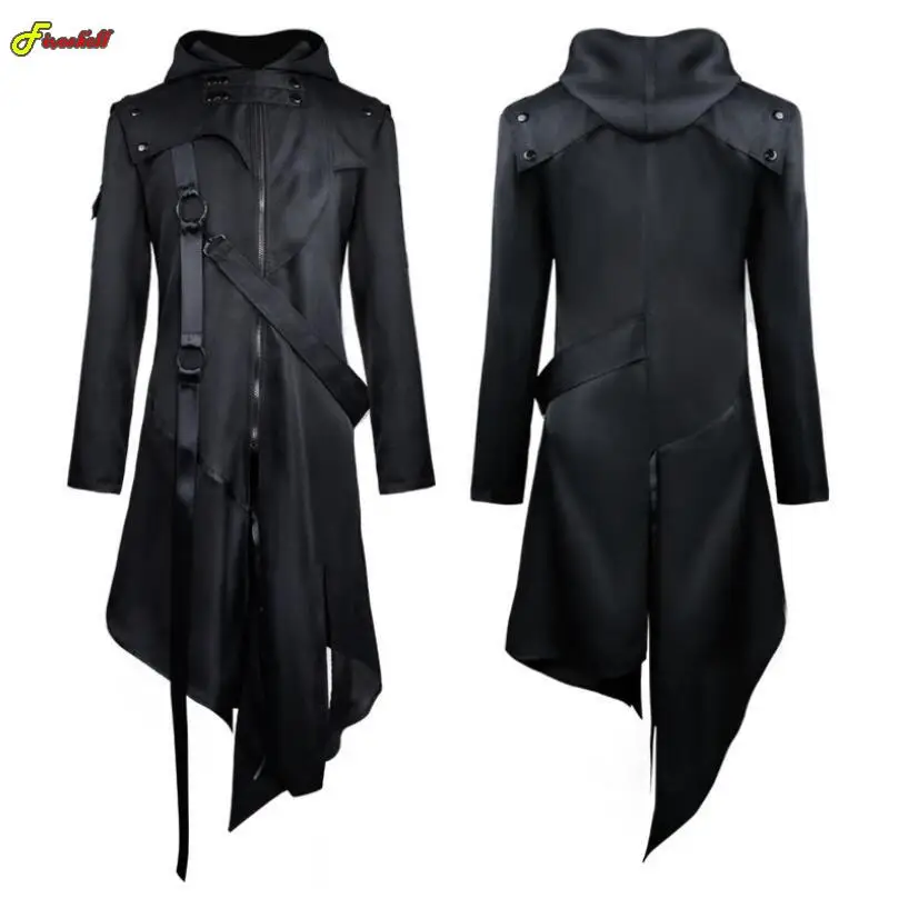 

Mens Cosplay Hooded Halloween Costume Medieval Viking Warrior Black Slim Fit Tailcoat Patchwork Steampunk Gothic Jacket S-5XL