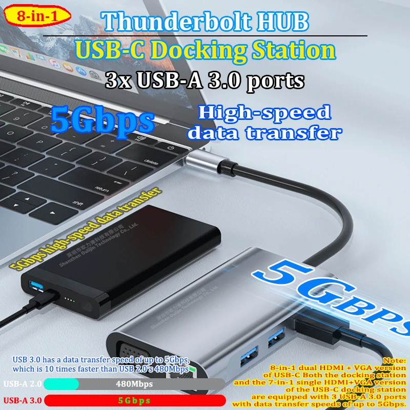 Аксессуары для ноутбуков Thunderbolt HUB USB-C Док-станция 2x HDMI VGA MacBook Air Pro Dell HP Lenovo ThinkPad Asus